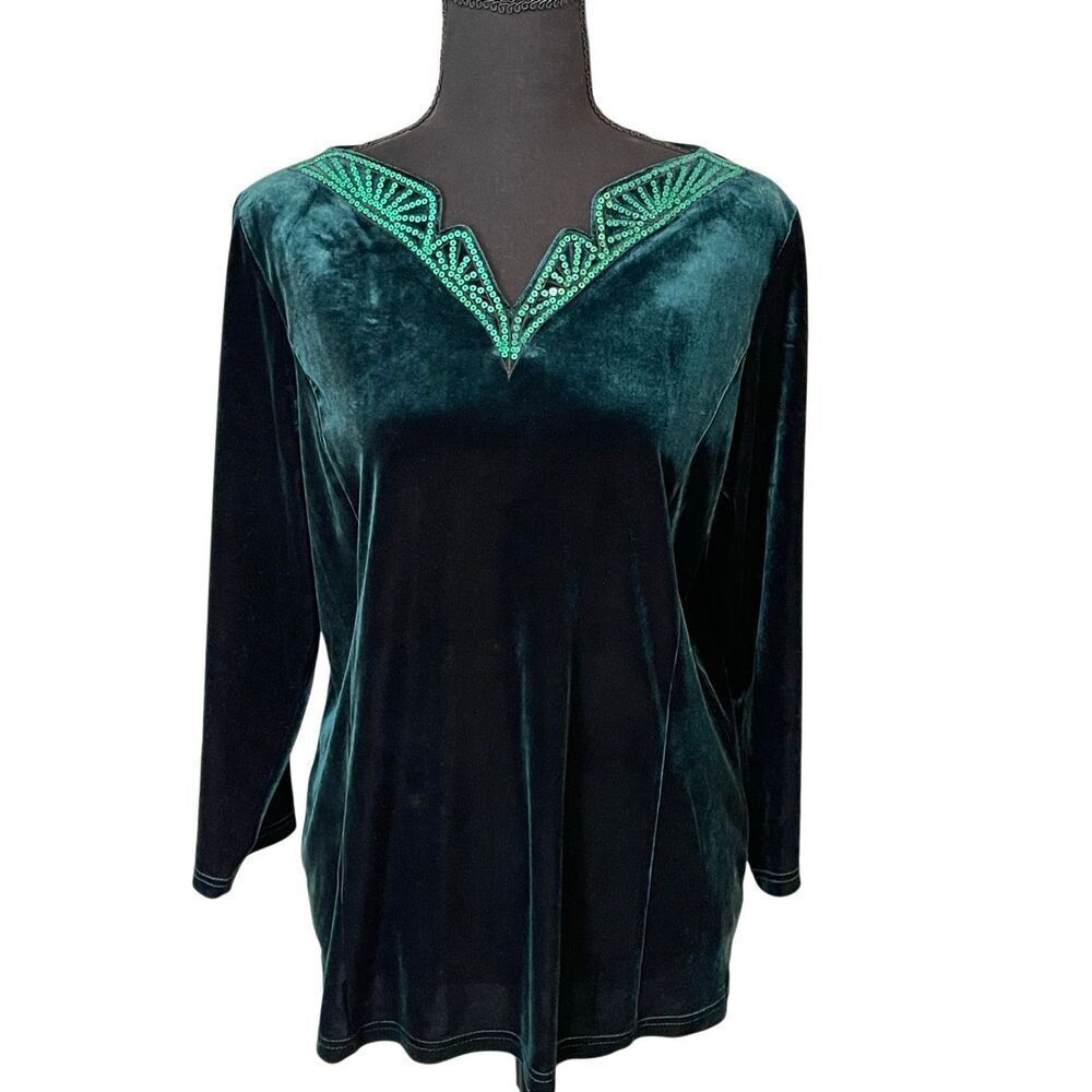 Bob Mackie Women’s L/S Velvet/Sequined V-Neck Blouse/Top